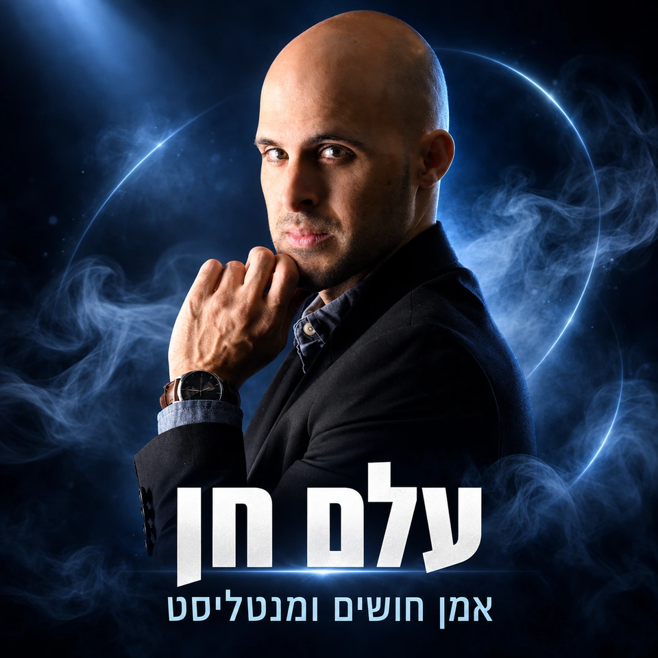 עלם חן: אמן חושים ומנטליסט, דיוקן על רקע כחול כהה בתאורה דרמטית
