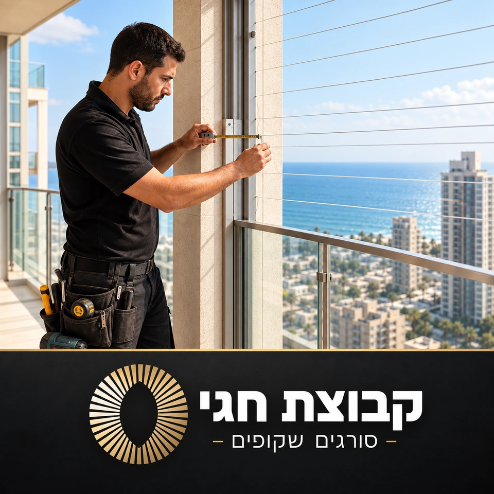 קבוצת חגי: הדמיית מתקין מודד סורגים שקופים במרפסת מול הים, לצד לוגו החברה בשחור וזהב