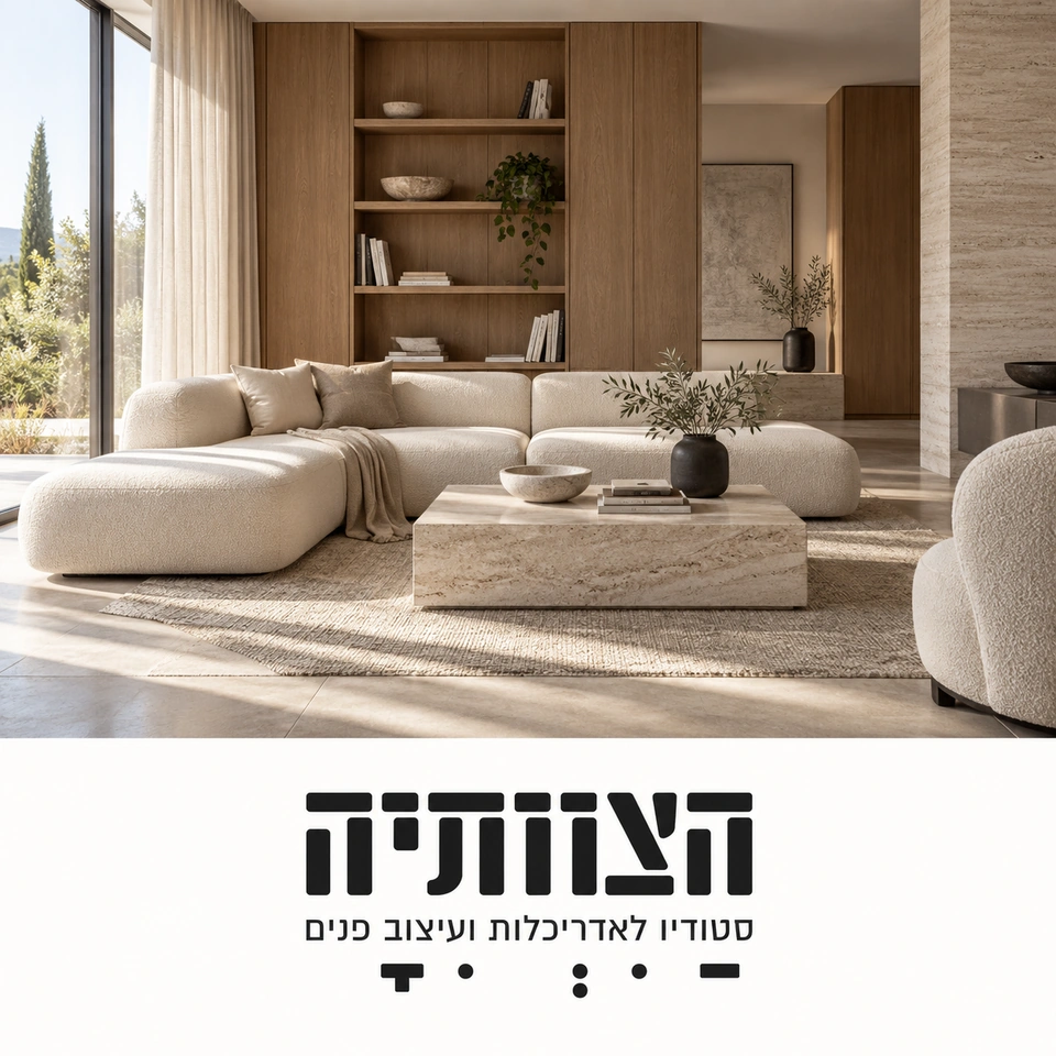הצוותיה: הדמיית מותג עם חלל אדריכלי בגוונים טבעיים ולוגו הסטודיו