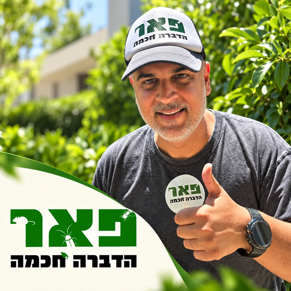 פאר הדברה חכמה: דיוקן עם כובע וחולצת המותג על רקע ירוק, לצד לוגו החברה