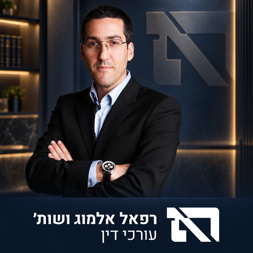 רפאל אלמוג ושות׳: עורכי דין, דיוקן על רקע כחול עמוק והלוגו החדש של המשרד
