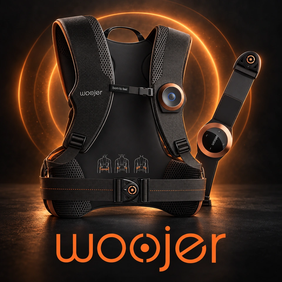 Woojer: אפוד ורצועה לחוויית סאונד מוחשית, בתאורה כתומה על רקע שחור עם לוגו המותג
