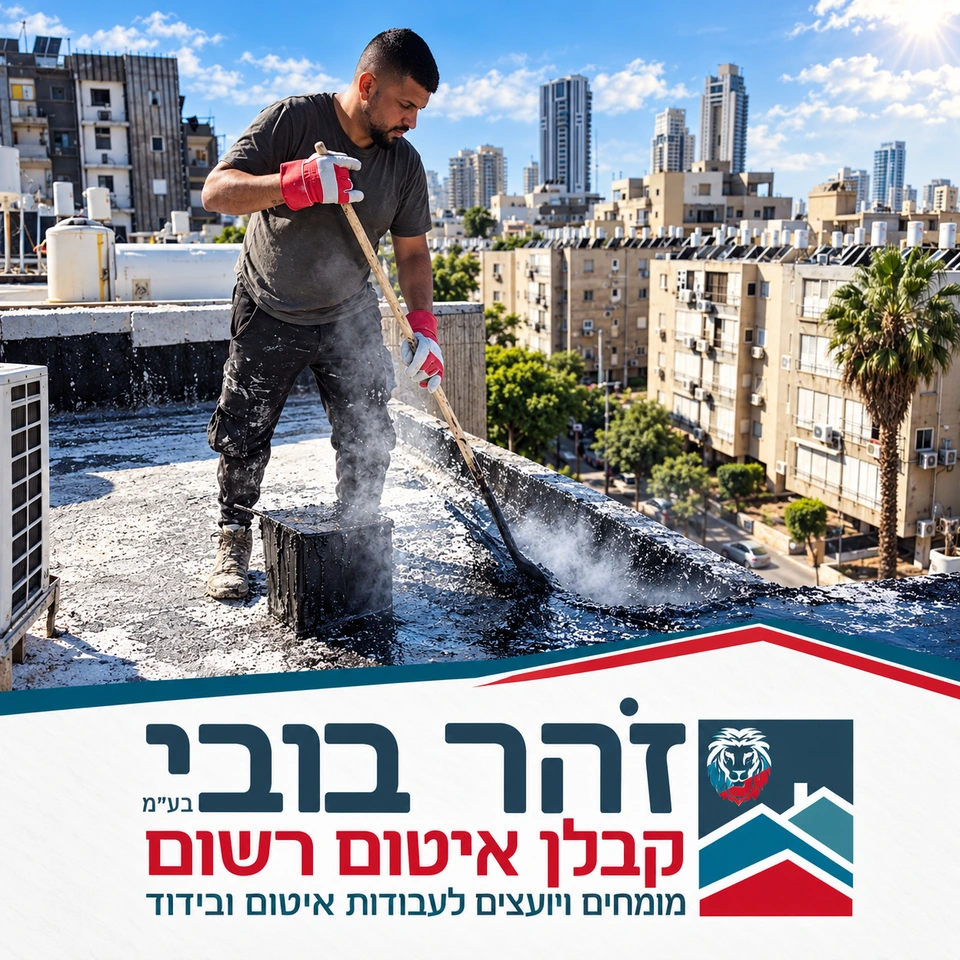 זהר בובי בע״מ: עבודת איטום גג על רקע העיר, לצד לוגו החברה והכיתוב קבלן איטום רשום